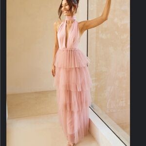 Elegant Pink Halter Tiered Dress
